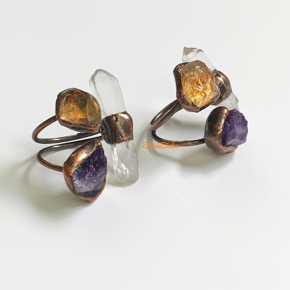 New Triple Crystal Gemstone Ring ~ Natural Amethyst Citrine Clear Quartz Copper - Picture 11 of 16
